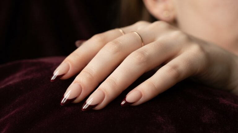 A photograph of an almond-shaped manicure with deep oxblood French tips on a female hand against a dark velvet background