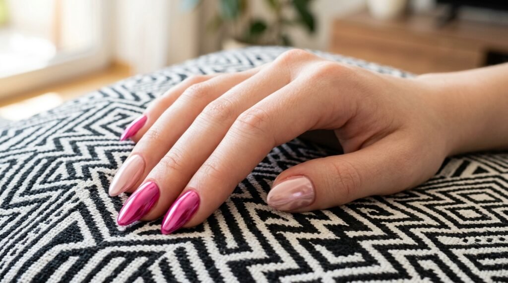 Alternating soft blush and fuchsia pink chrome nails on an 18-year-old white female hand.