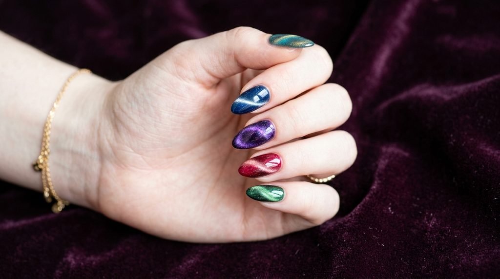 Female hand with pale, very white skin showing magnetic cat eye nails resting on dark plum velvet.