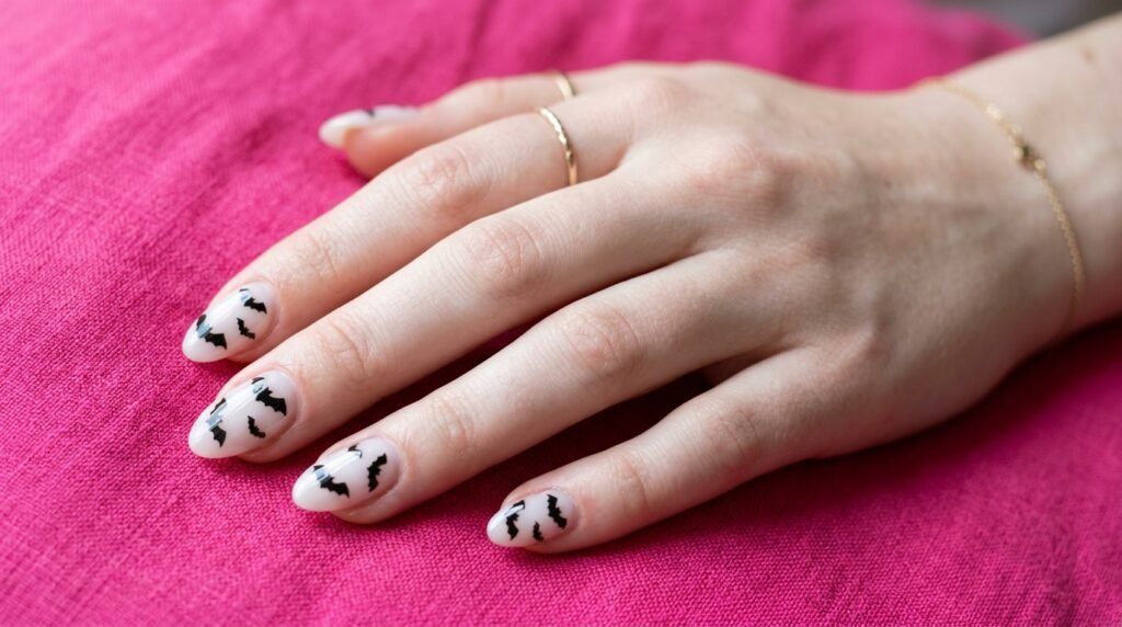 Sheer milky almond nails on a white skin hand featuring tiny black bat stickers with a high-gloss finish.