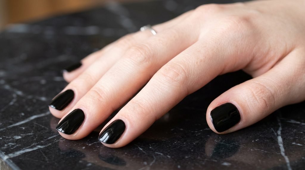 Macro photograph showcasing immaculate cuticle application on jet black gel nails on white skin hand