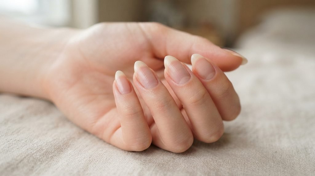 Manicured natural almond nails with white skin tone ready for polish application.