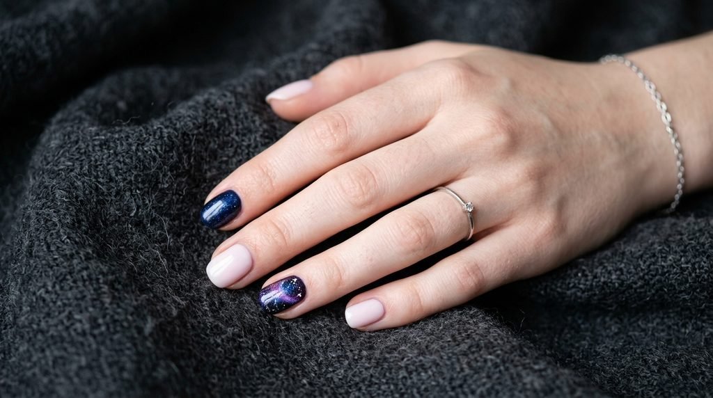 Galaxy accent nails on an eighteen-year-old female hand with very white skin resting on dark charcoal wool.