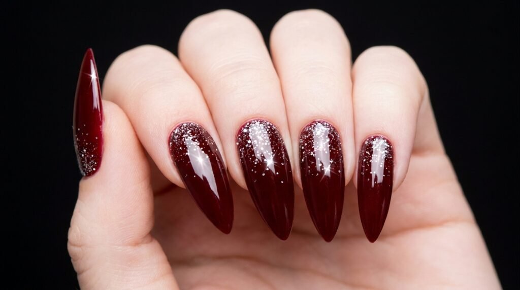 Negative space cuticle cutout with silver floral borders on dark stiletto nails on very white skin.