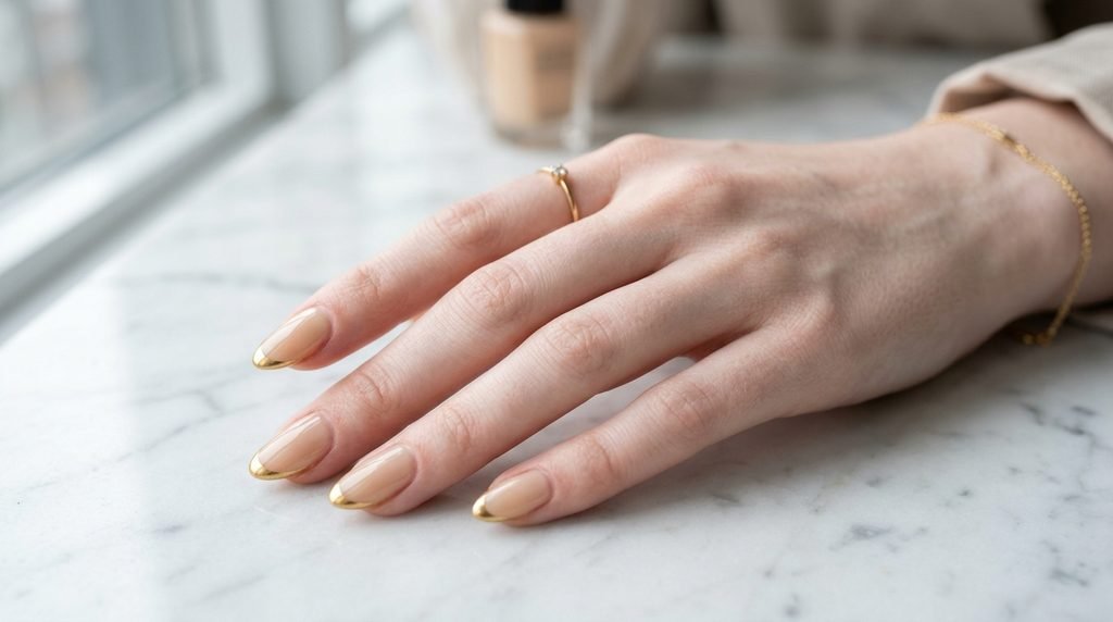 Sheer champagne nails with thin metallic gold French tips on a marble surface