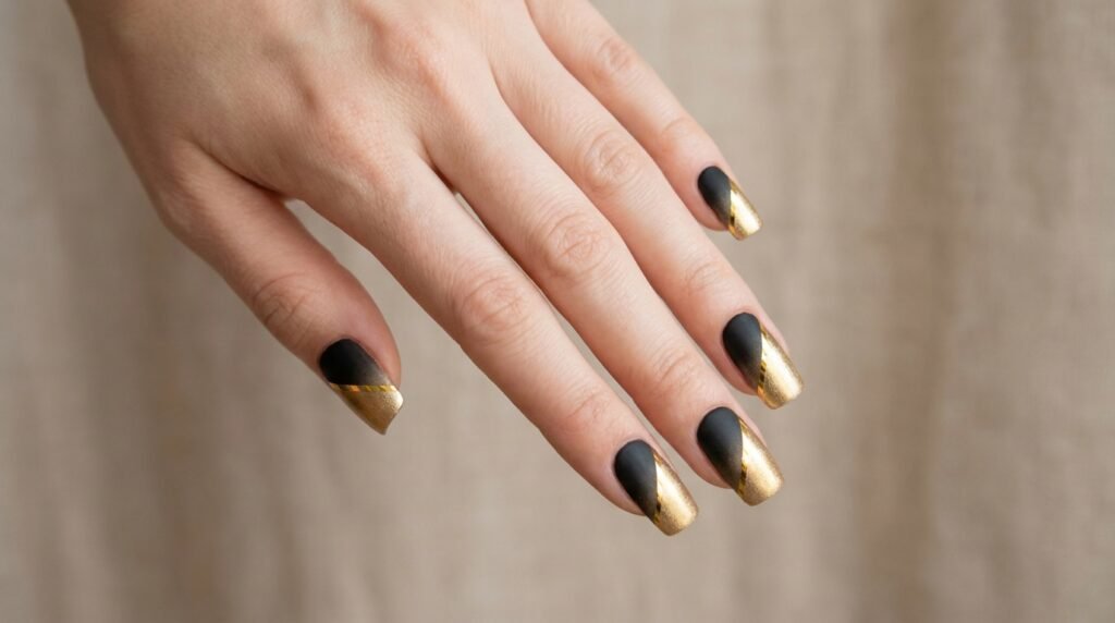 Square nails featuring a diagonal black-to-gold gradient neatly outlined with a thin gold chrome line.
