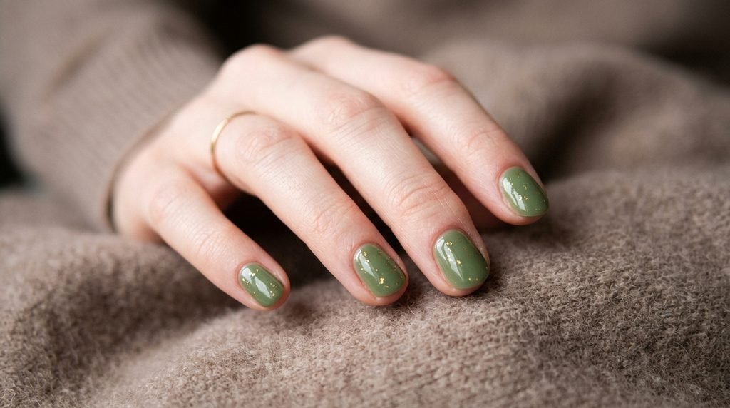 An intimate close-up photograph of short round nails painted glossy moss green with sparse gold micro flakes, against a blurred taupe cashmere background.