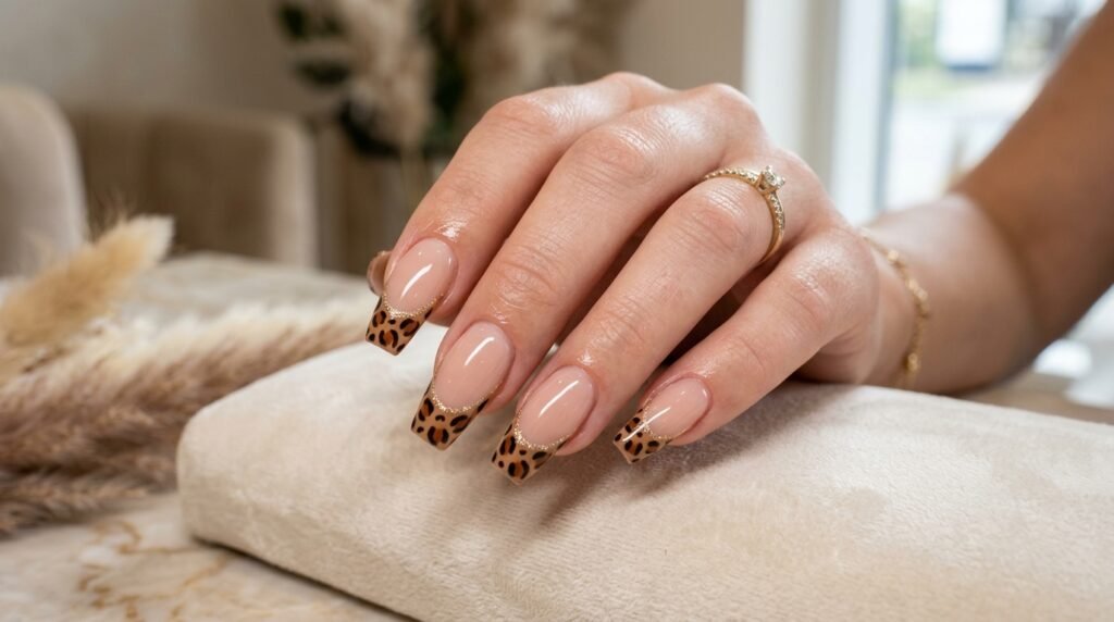 Deep emerald green coffin nails with nude leopard print accents and gold glitter for a glamorous winter manicure.