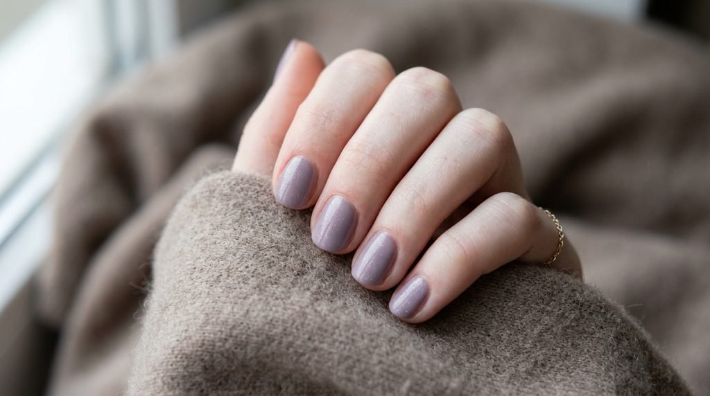 A close-up photograph of short round nails painted muted dusty lilac with fine micro sparkle, against a blurred warm taupe cashmere background.