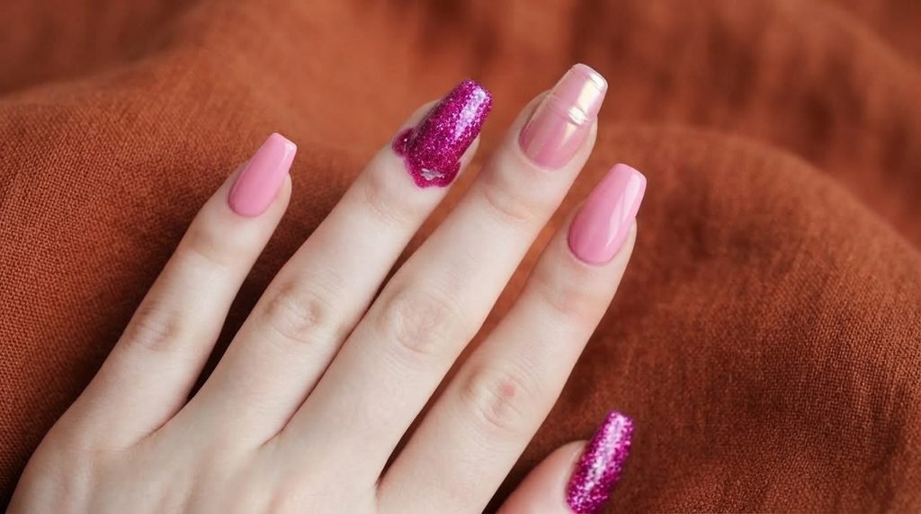 Close-up shot of an 18-year-old female hand with very white, smooth skin, displaying neatly squoval nails with different pinks; one nail clearly shows pooled polish illustrating cuticle flooding and another thick improper gel application, posed against a luxurious rich terracotta linen background.