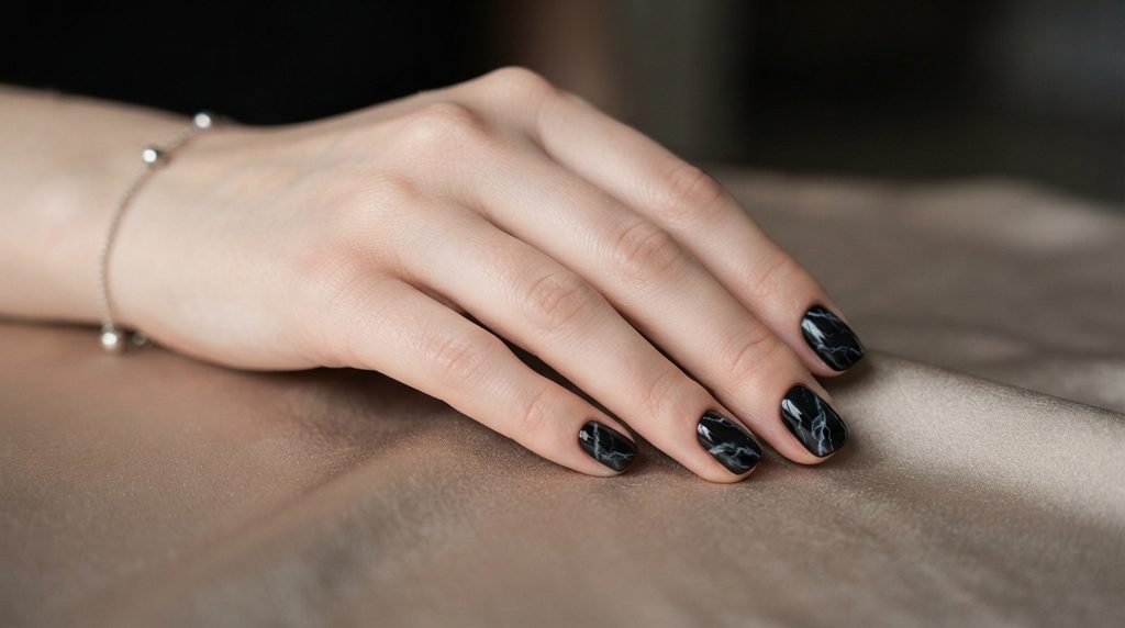 Short squoval black marble nails on an 18-year-old female hand resting on cream silk cloth.