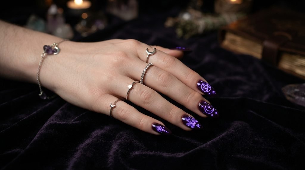 Dark plum almond nails featuring glowing electric purple witchy symbols on velvet.