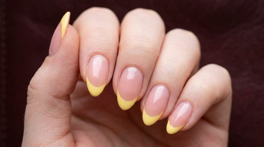 Macro photograph of a single almond nail with a sheer pink base coat against a burgundy background.