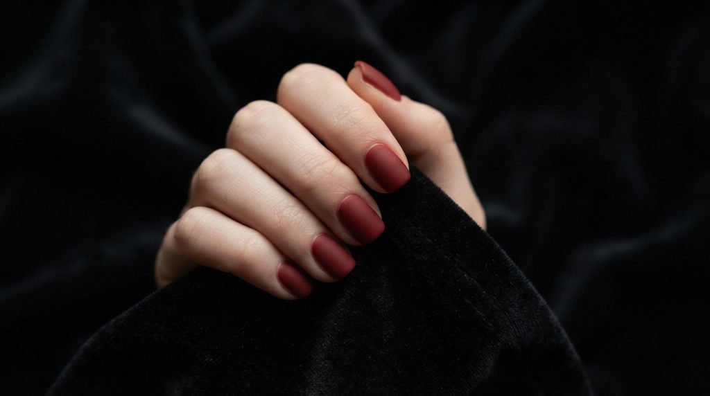 An intimate close-up photograph of short squoval nails with matte oxblood red polish on a very white 18-year-old female hand, against a blurred black velvet background.
