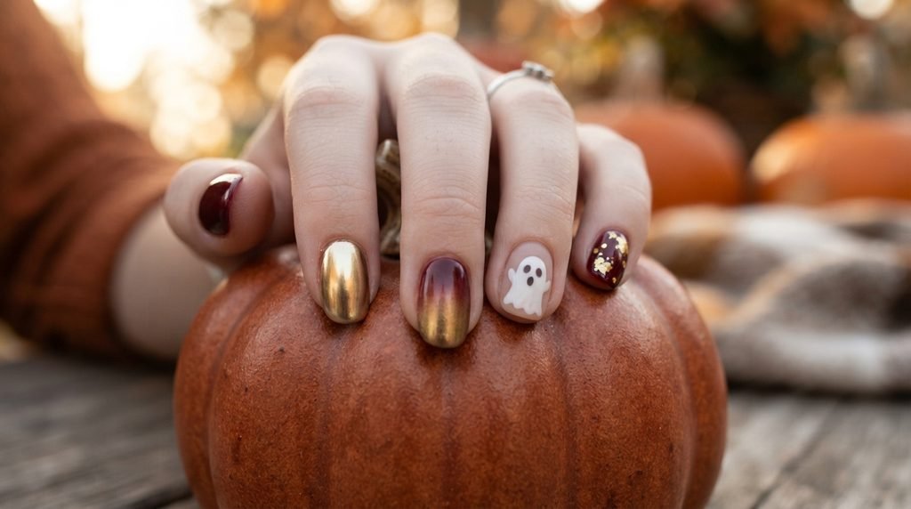 An 18-year-old female hand with very white skin, curled gently around a small ceramic pumpkin. All five nails are visible with different burgundy, gold, and ghost designs.
