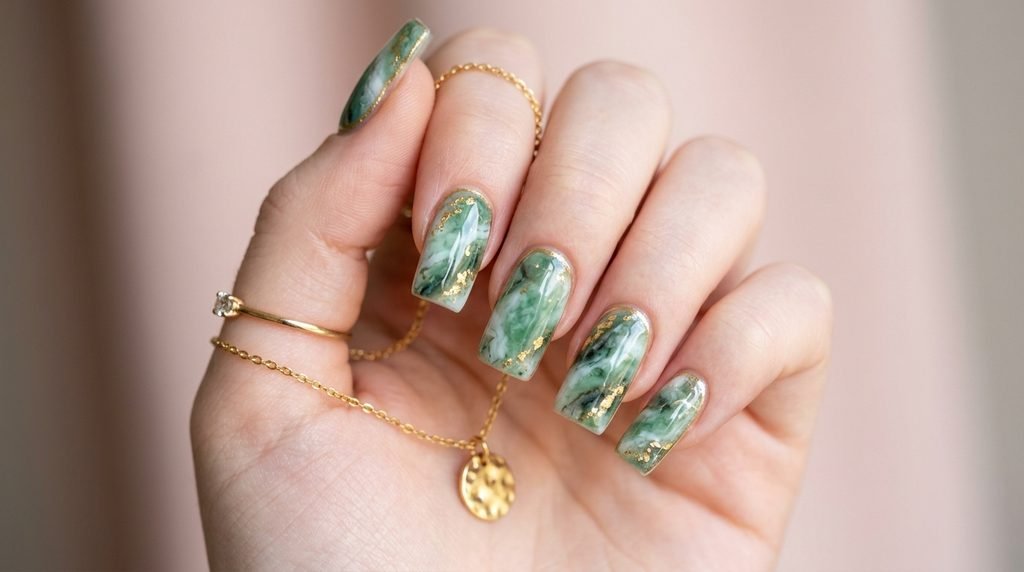 Square nails with dark green jade marble and gold line art.