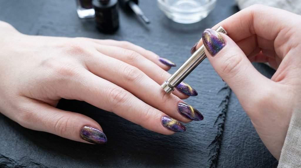 Female hand with very white skin holding a magnet tool near an emerald nail over a dark charcoal surface.
