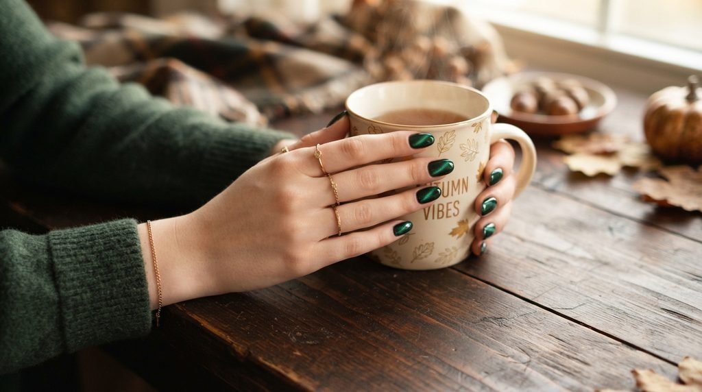 Emerald cat eye nails on a female hand with very white skin holding a mug against a dark mahogany table.