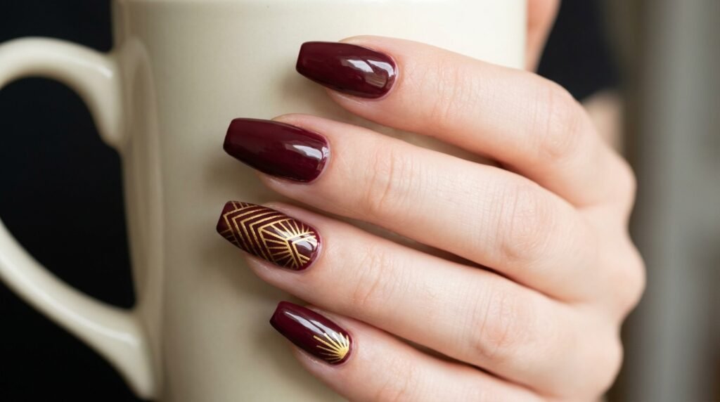 Deep maroon coffin nails with stamped gold geometric art-deco patterns.