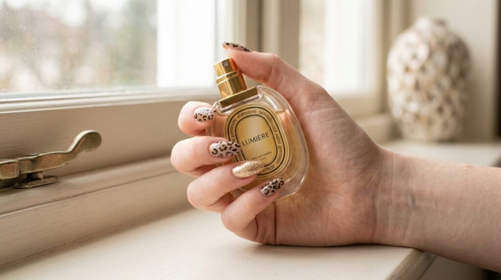 Relaxed hand pose displaying leopard print coffin nails with gold glitter while holding a perfume bottle near a window.