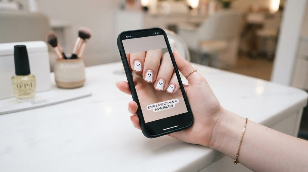 Female hand with very white skin holding a smartphone showing a ghost nail reference photo