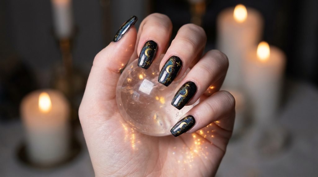 Medium coffin black nails with iridescent holographic effect and simple gold celestial symbols holding a small crystal ball.