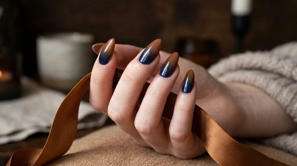 Long almond nails with navy blue to caramel brown gradient on an 18-year-old female hand with white skin.