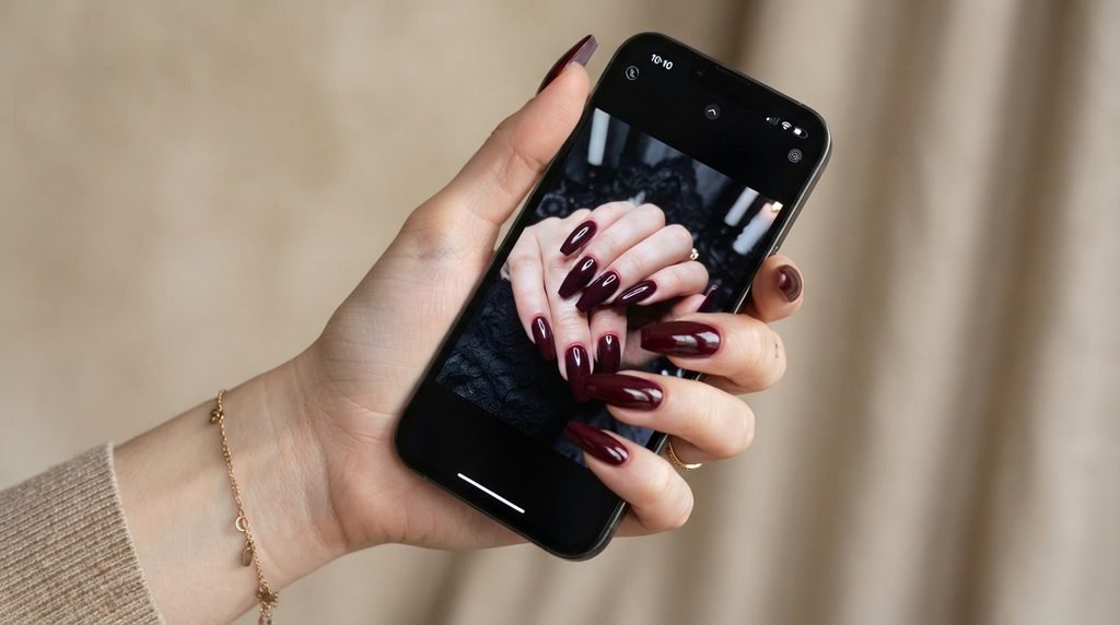An 18-year-old white hand holding a phone showing nail art against a neutral beige background.