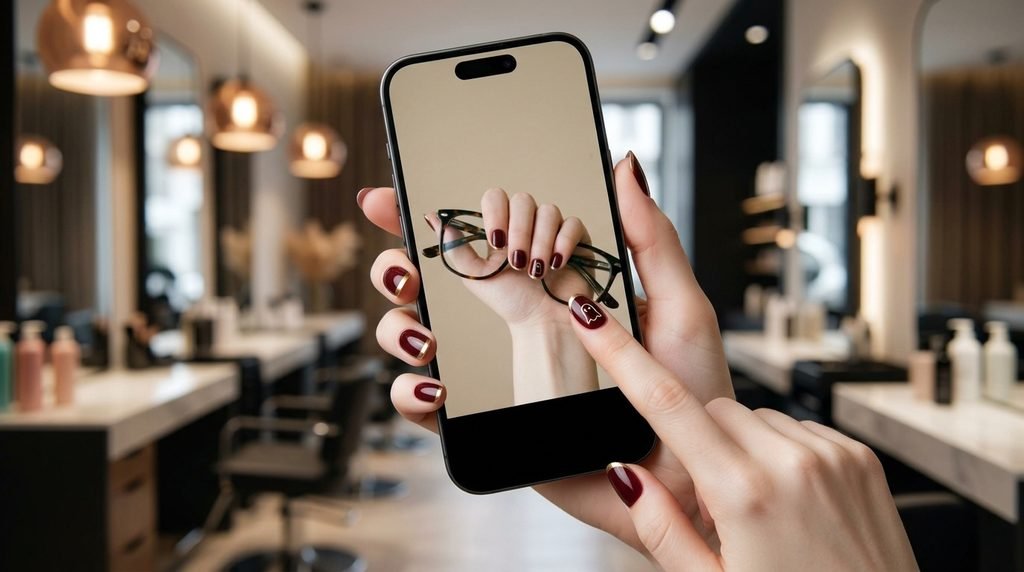 A photorealistic close-up of an 18-year-old female hand fanned out. The hand holds a smartphone displaying a photo of the desired burgundy and gold nail design. The hand gestures. Salon background.