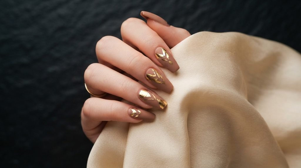 Close up of coffin shaped mocha nude nails with gold leaf foil accents on an 18 year old female hand with very white skin.