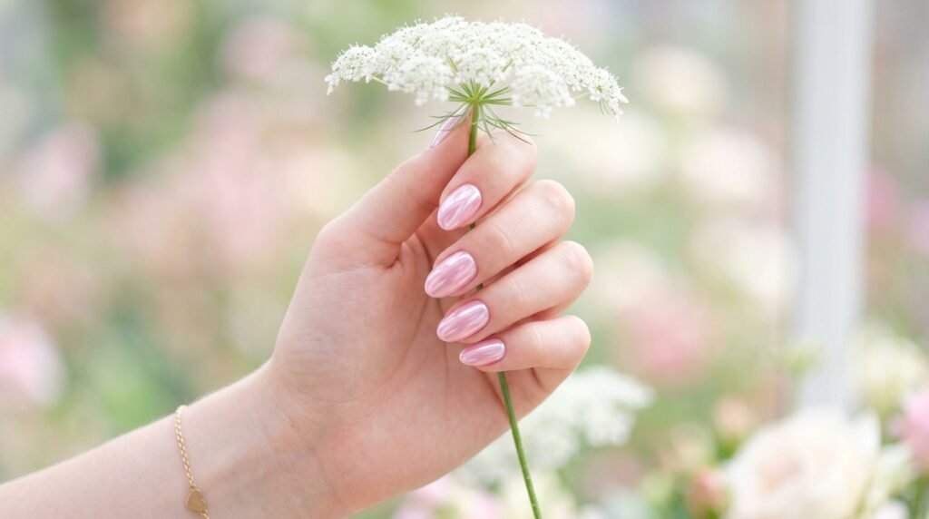 Pastel pink chrome oval nails held on an 18-year-old female hand with very white skin holding flowers.