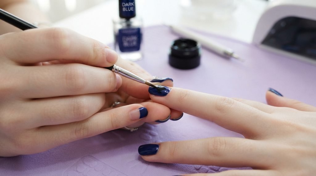Hand holding a thin detail nail brush over a navy nail drawing a black silhouette.