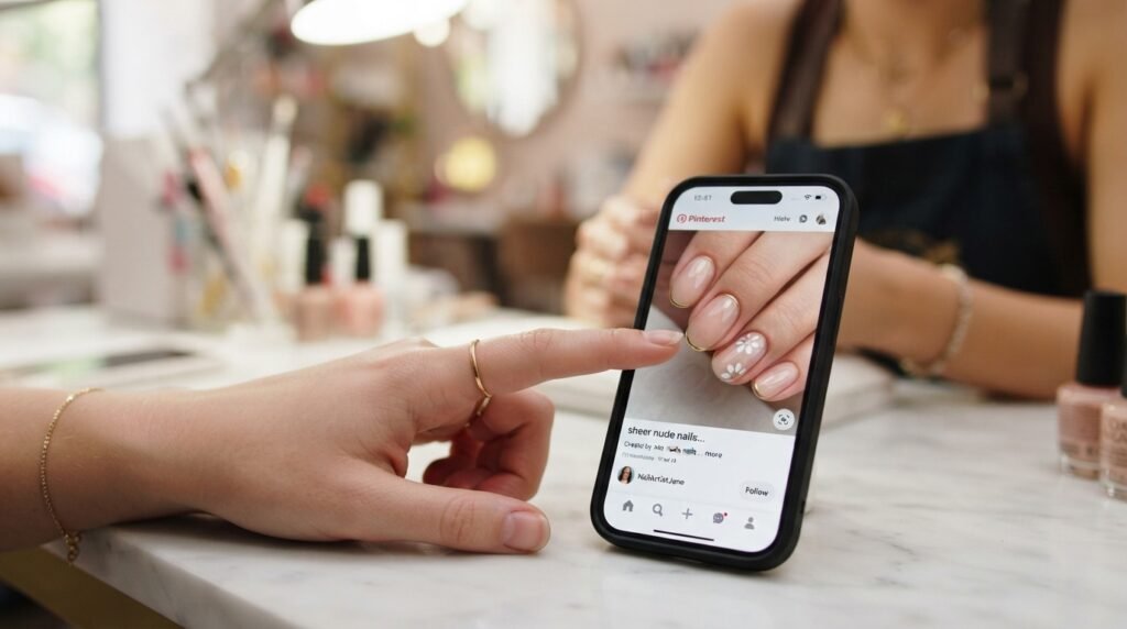 Close-up of female hand with very white skin and unpolished nails pointing at a Pinterest picture of gold outline nails to communicate with a nail technician.