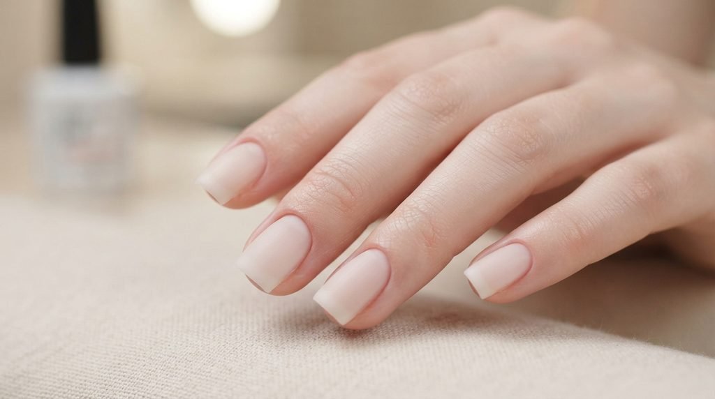 Clean female hand with white skin showing perfectly prepped natural nails with neat cuticles.