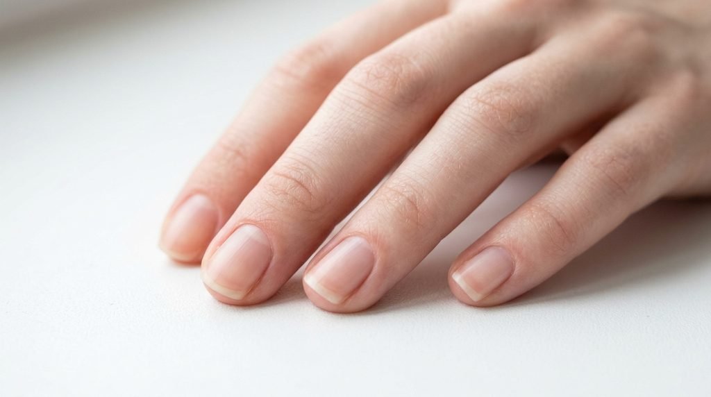Cleanly prepped natural nails with pushed back cuticles on fair skin.