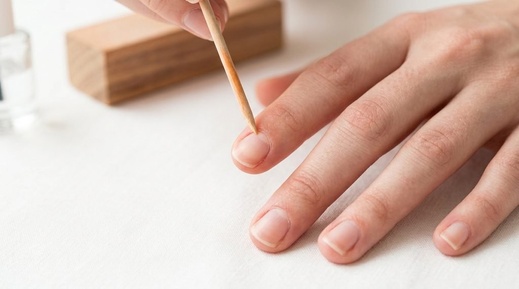 A detailed close-up of a woman's clean fingernail being prepped. A wooden cuticle stick pushes back the cuticles, with a buffer block blurred in the background on a white surface.