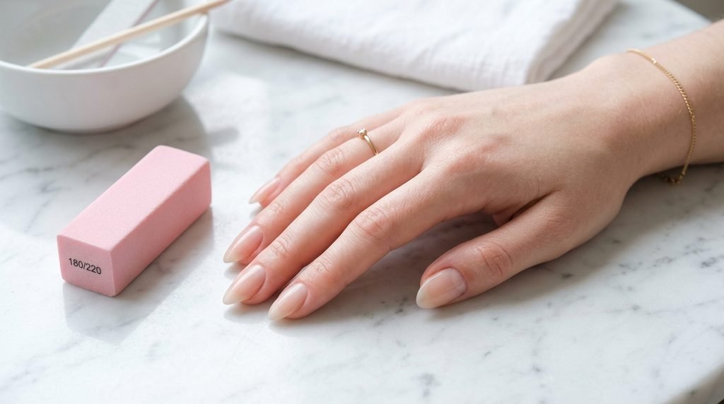 Close-up of clean, prepped natural almond nails on an 18-year-old female hand with very white skin on a marble tabletop.