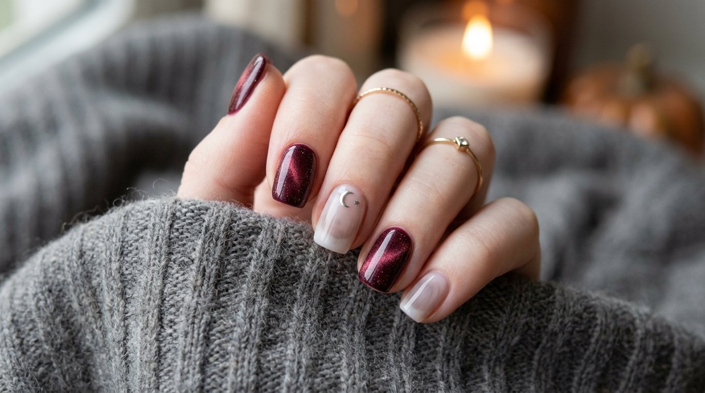 A close-up photograph of short squoval nails featuring a mix of deep burgundy velvet magnetic, smoky aura, and a tiny silver moon accent, against a warm gray knit background.