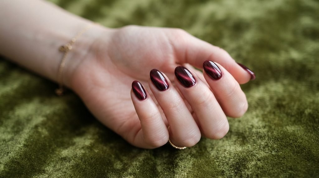 An intimate close-up of short almond nails showcasing deep burgundy magnetic velvet polish with a shifting light band, against a moss green velvet background.