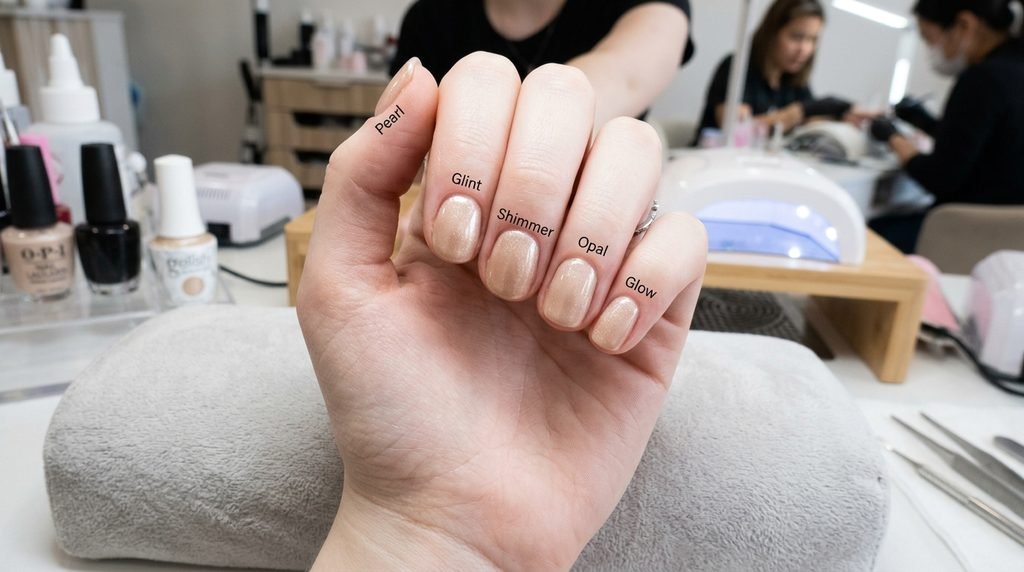 Swatches of champagne beige gel polish tested on a female hand with white skin.