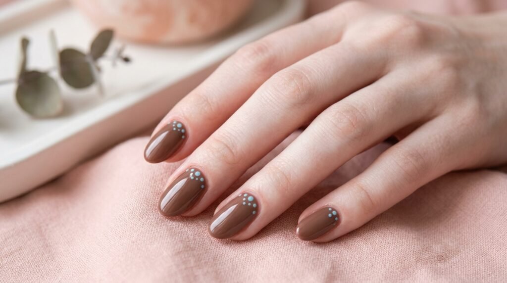 Milk chocolate oval nails with light blue dot accents on an 18-year-old hand with white skin.