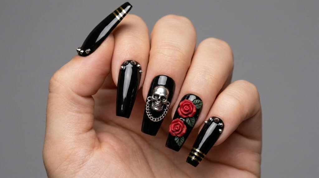 Close up of 18 year old female hand with very white skin showing black coffin nails decorated with silver skull charms red roses and fine chains.