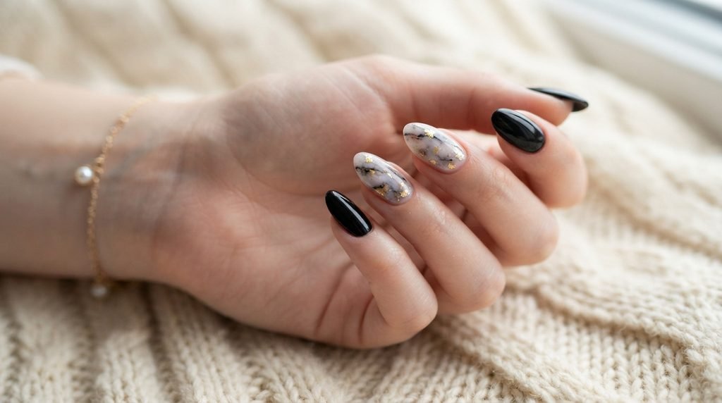 Black nails with gold foil smoky marble accent nails on an 18-year-old female hand over cream wool.