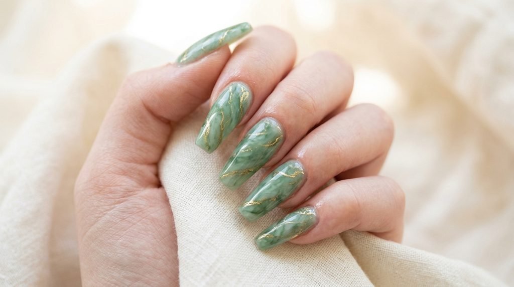 Long coffin nails with green jade marble and gold details.