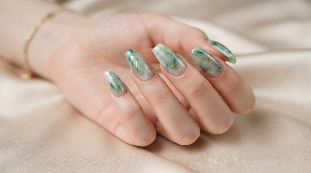 Close-up of jade green smoke marble nail art on white hand.