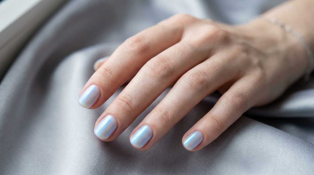 An intimate close-up photograph of short round nails with sheer milky white base and multi-dimensional pearlescent blue shimmer, against a blurred silver-gray silk background.