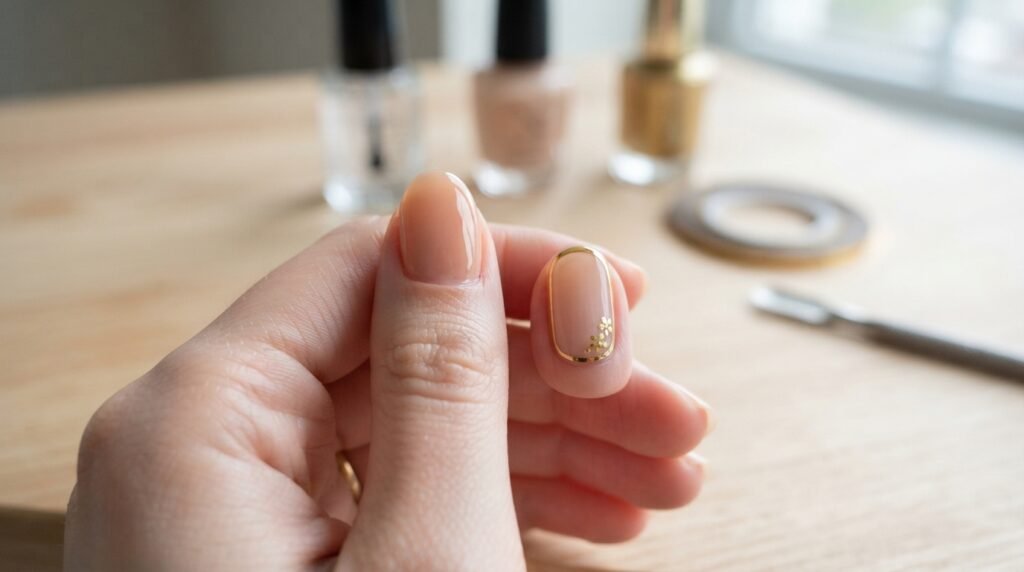Close-up of thumb and middle finger with very white skin showing DIY sheer nude polish and gold striping tape perimeter outline on almond nails.