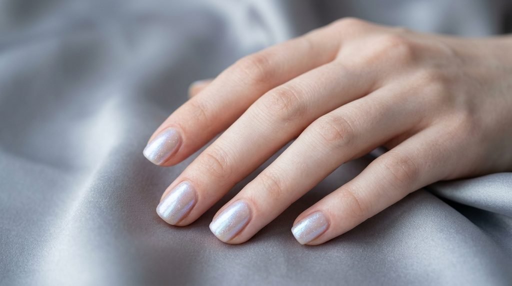 A close-up photograph of short squoval nails featuring a pearlescent white topcoat with blue and purple shimmers over a sheer nude base, against a blurred silver-gray silk background.