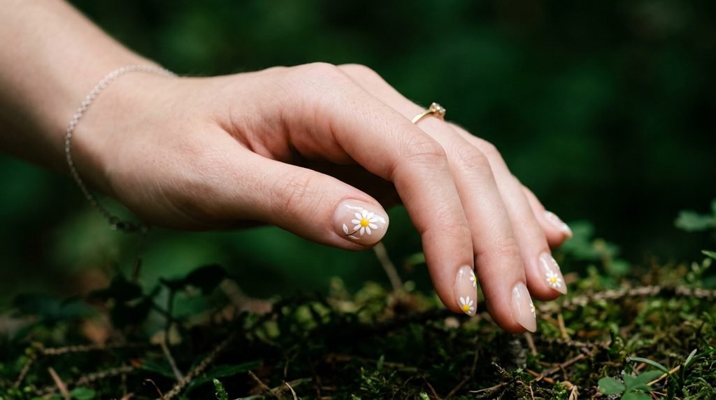 Sheer nude nail with a delicate hand-painted white daisy on a female hand with white skin over forest green.