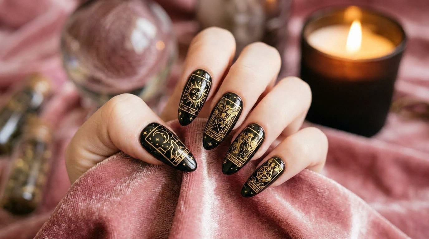 A close-up of long almond-shaped black nails with intricate gold hand-painted tarot card symbols, including a sun, moon, and figures, against dark velvet.